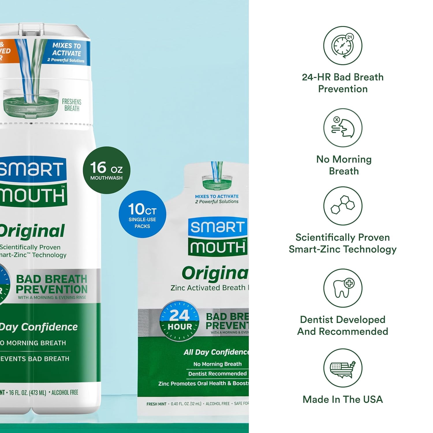 SmartMouth Original Activated Mouthwash + Single Packs, Fresh Mint, 1 Bottle (16 fl oz) + 10 Travel Packets