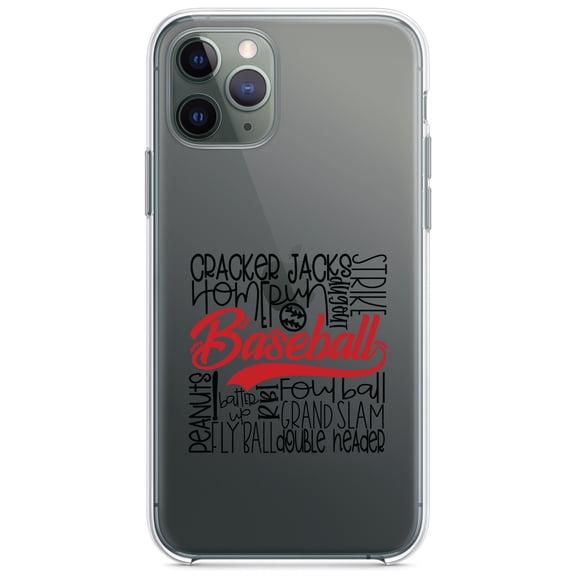 DistinctInk Clear Shockproof Hybrid Case for iPhone 12 / 12 PRO (6.1" Screen) - TPU Bumper Acrylic Back Tempered Glass Screen Protector - Baseball Word Art - Black & Red