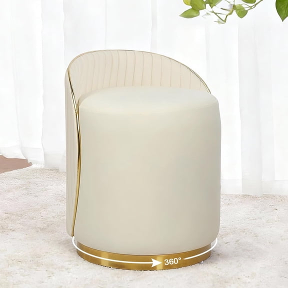 wivel Vanity Chair with Back, Faux Fur Upholstered Round Makeup Chair, Multifunctional Accent Stool Ottoman for Bedroom Living Room, White