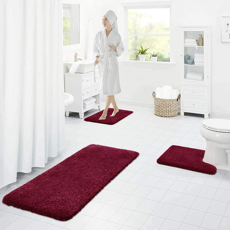 Civkor Red Bathroom Rugs Bath Mat Rug Set 2 Piece Butter Chenille, Shiny Noodle Bathroom Mats 31x20 and 24x16 inch with Non Slip Backing, Super