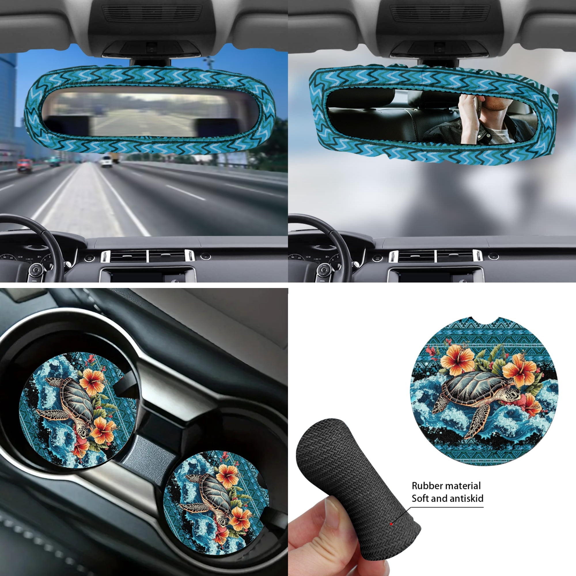 Jeiento Sea Turtle 14 Pcs Car Accessories Set Front Rear Seat Covers Car Seat Belt Pad Trash Bin Steering Wheel Protector Coaster Armrest Pad Gear Shift Cover Aztec Rearview Mirror Cove