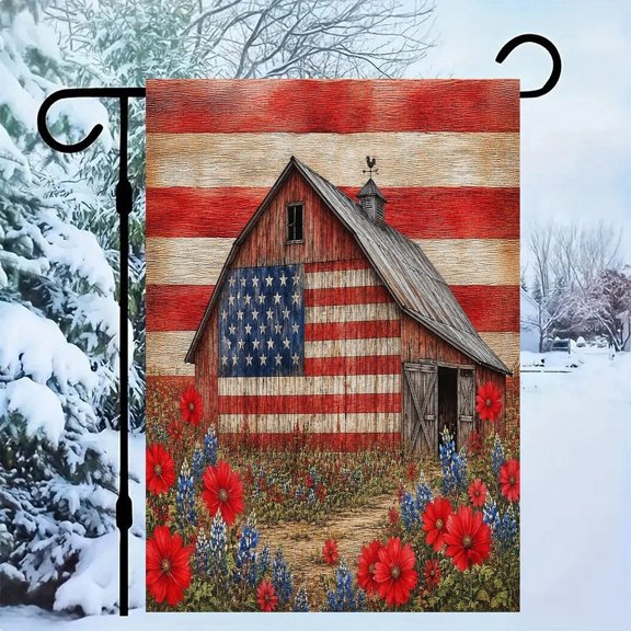 RKSupls Patriotic Linen Double Sided Garden Flag, Independence Day Themed Yard Decor, Patriotic Barn Flowers Field Outdoor Banner for Holiday Lawn