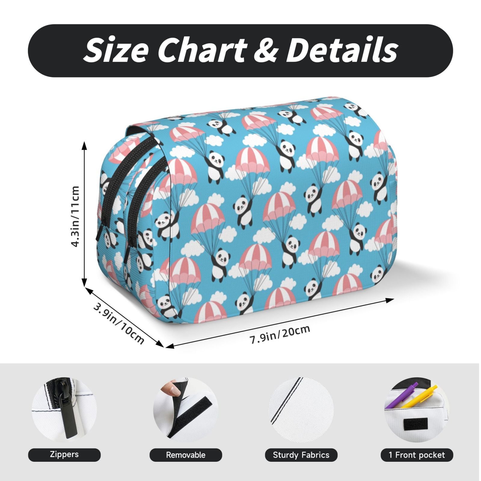 Rateoe Panda Flying in the Sky Pattern Double Clamshell Pen Case, Storage Organizer with Two Zipper Compartments– Holds Up to 50 Pencils & Pens
