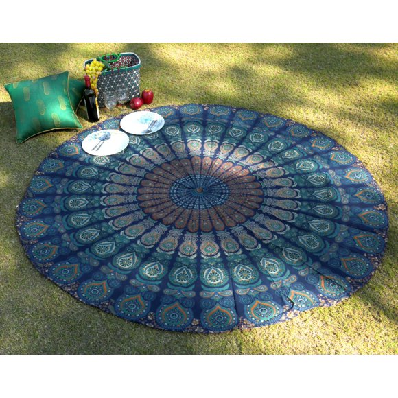 Tapiz redondo RAJRANG con diseño de mandala de pavo real - 48 pulgadas, estilo hippie, mantel decorativo de algodón puro, bohemio, hecho a mano en la India
