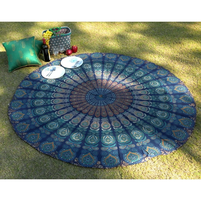 Tapiz redondo RAJRANG con diseño de mandala de pavo real - 48 pulgadas, estilo hippie, mantel decorativo de algodón puro, bohemio, hecho a mano en la India