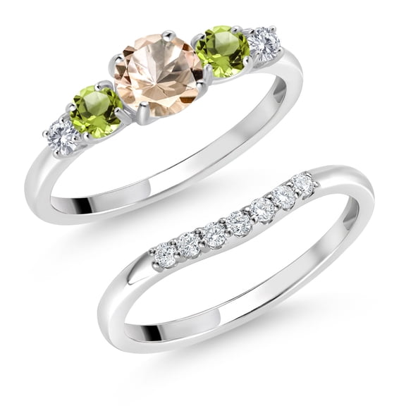 Gem Stone King 10K White Gold Peach Morganite Green Peridot and White Lab Grown Diamond 5 Stone Bridal Engagement Wedding Ring Set for Women (0.75 Cttw, Round: 5MM and 3MM, Size 9)