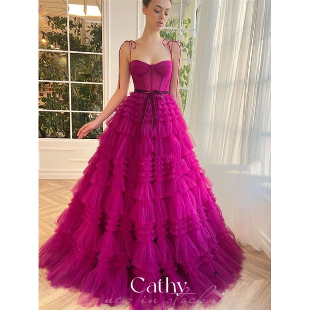 Cathy Rose Pink A-line فستان سهرة Spaghetti Strap Party Dresses Multilayer Tulle Prom Dress 2023 Sweet Sleeveless Evening Dress2 Gao Jinjia LED