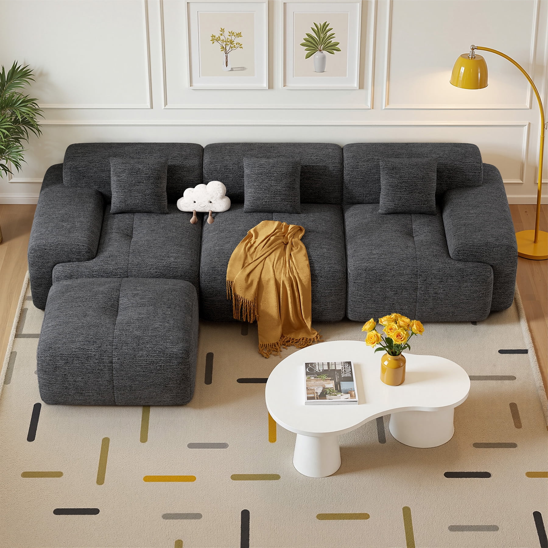 Daluvenix 122" Modern L Shaped Modular Sectional Sofa, Chenille Modular Cloud Couch for Living Room with Deep Seat, 4 Seater Convertible Cloud Couch Sofa Set, No Assembly Required, Black