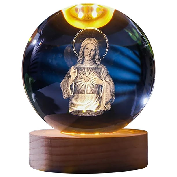 Pequeña bola de cristal 3D decorativa con Base de madera carga USB bola de cristal LED luz nocturna bola de cristal iluminada para decoración de dormitorio