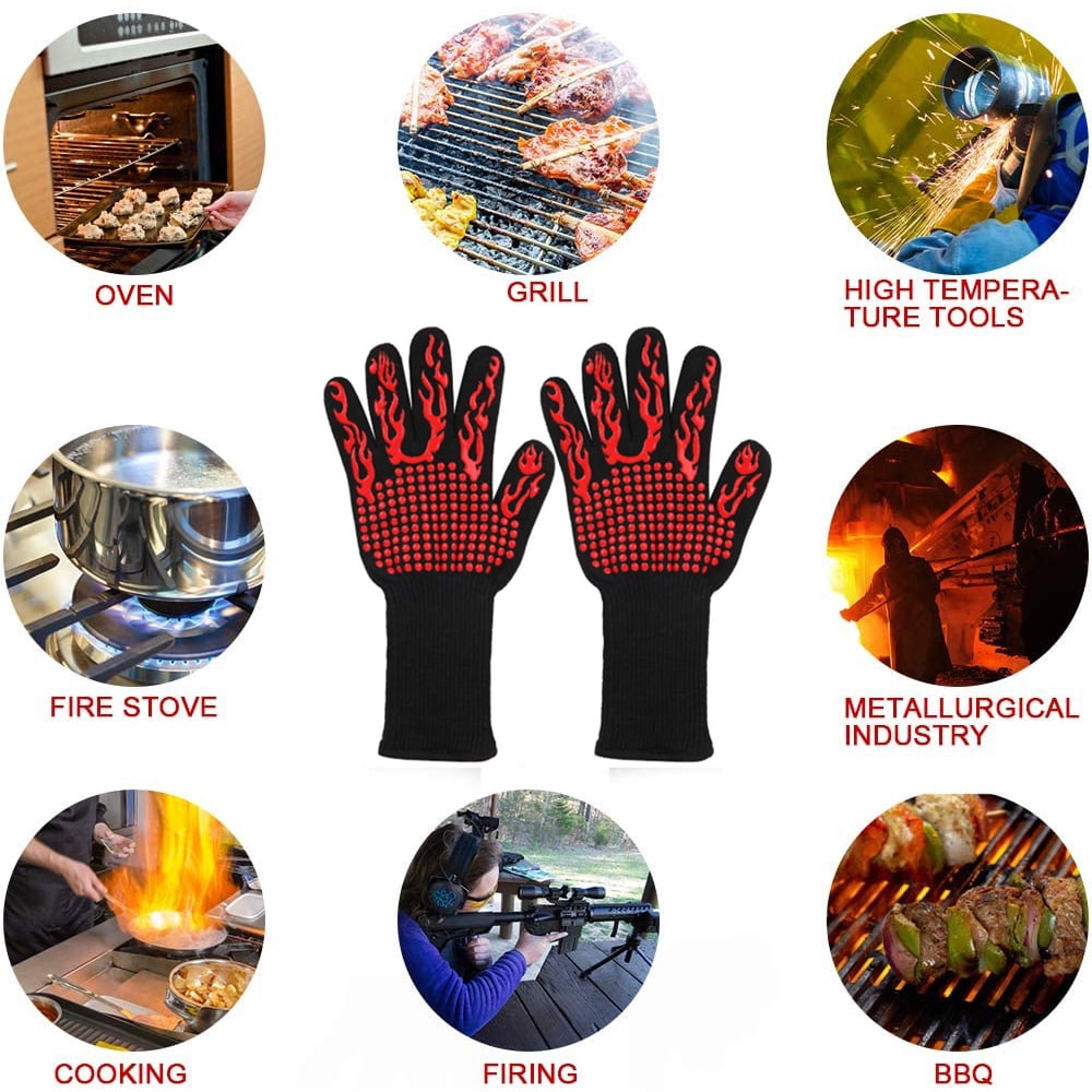 932℉ Extreme Heat Resistant BBQ Gloves, Food Grade Kitchen Oven Mitts -  Flexible Oven Gloves with Cut Resistant, Silicone Non-Slip Insulated Hot  Glove