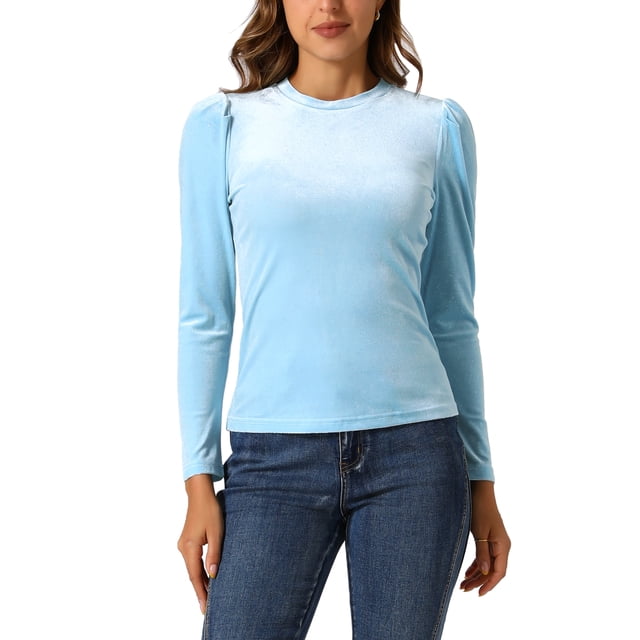 INSPIRAR CHIC Blusa de terciopelo metálico con brillo y cuello alto de manga abullonada para mujer Talla S Azul Claro