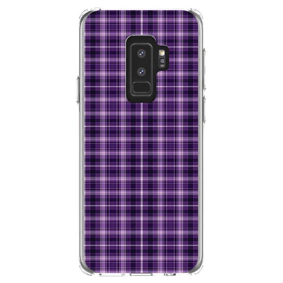 DistinctInk Clear Shockproof Hybrid Case for Samsung Galaxy S9  PLUS (6.2" Screen) - TPU Bumper, Acrylic Back, Tempered Glass Screen Protector - Purple Black Plaid