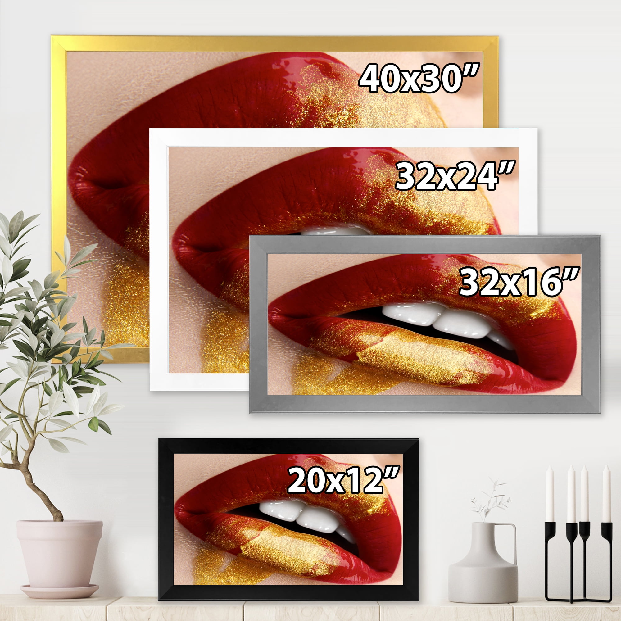 Designart 'Plump Woman Lips With Gold and Red' Modern Framed Art Print