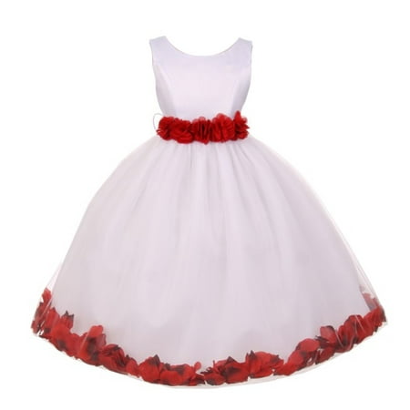 Girls White Red Floral Petals Adorned Junior Bridesmaid Dress