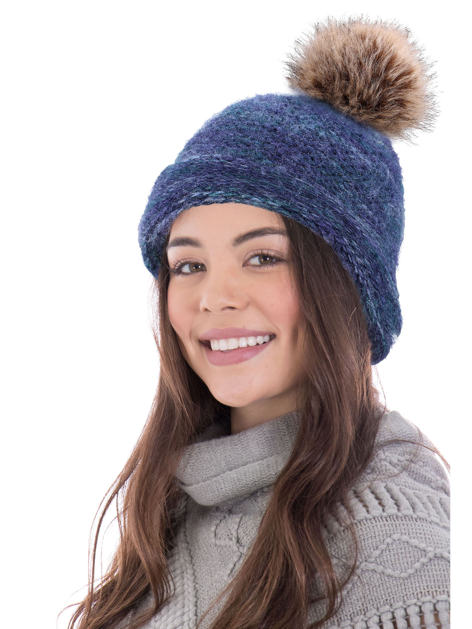 Beanie Pompom Chunky Cable Winter Hats for Women, Mix Blue
