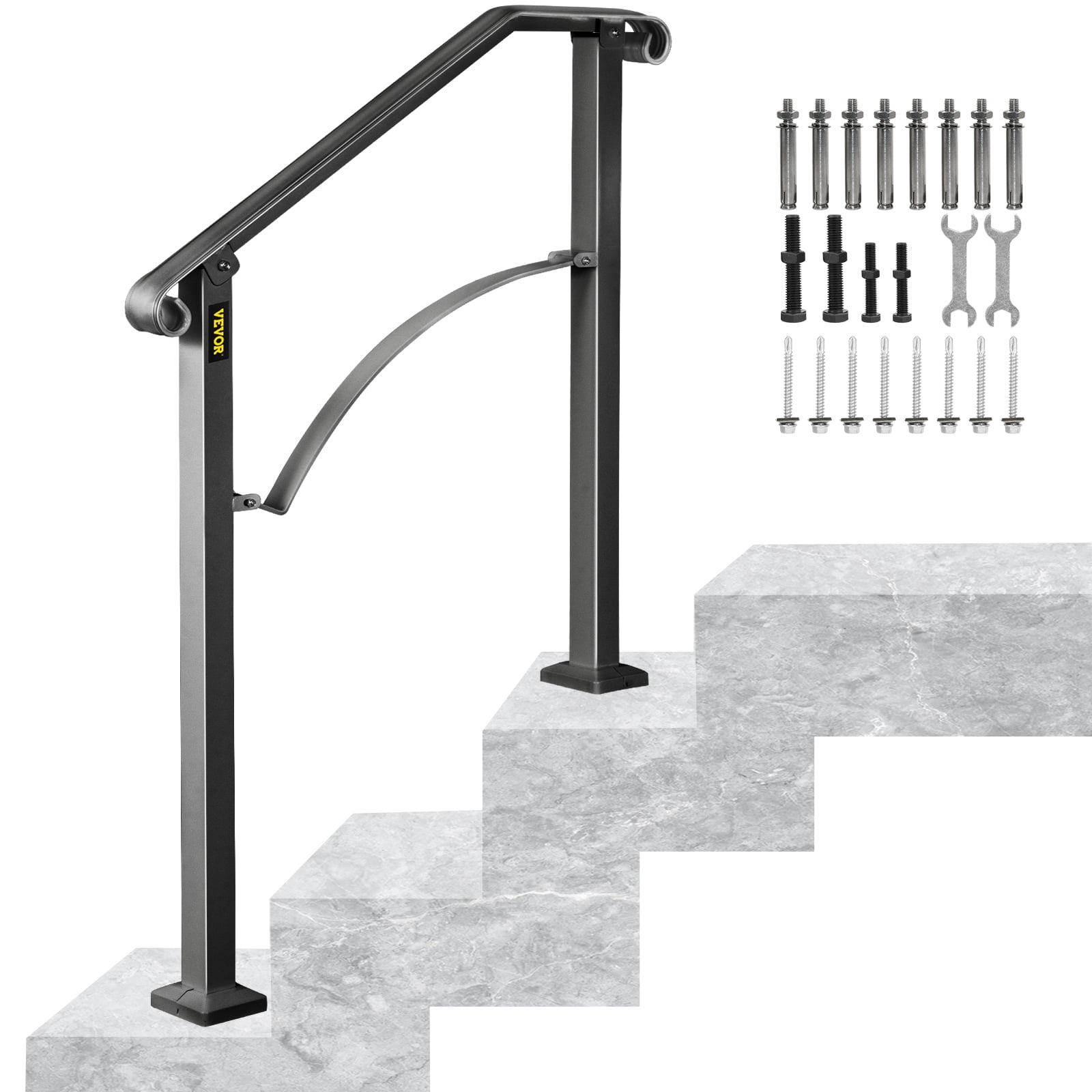 VEVOR Handrails for Outdoor Steps Black Transitional Hand railings for Concrete Steps or Wooden Stairs Adjustable Front Porch Hand Rail Wrought Iron Handrail Fit 1-3 Steps Outdoor Stair Railing
