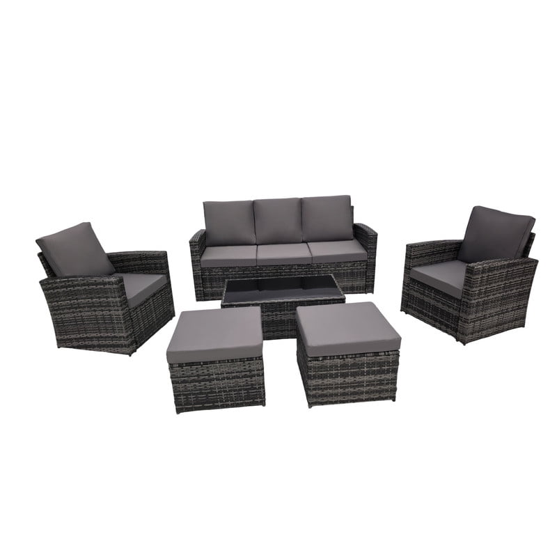 6-Piece Patio Furniture Set with 2 Ottomans, PE Wicker Sectional Sofa Set with Glass Coffee Table, Patio Conversation Set with Thick Cushion for Backyard Lawn