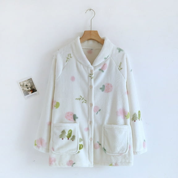 Fewfanhot Women's Flannel Pajama Top - Long Sleeve Print Design with Front Pockets for Comfortable Sleep and Home Activities