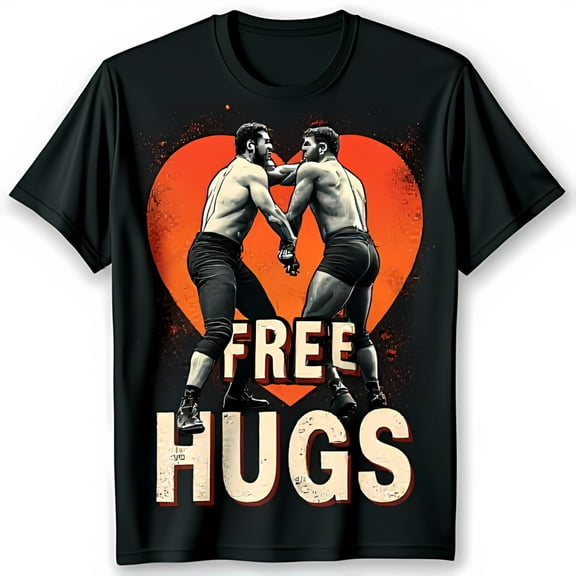 Funny Black T-Shirt with Wrestling Men in Heart & ' HUGS' Design
