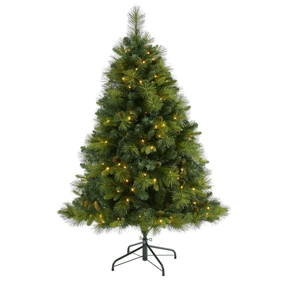Nearly Natural 5' Green Pine Artificial Christmas Tree with Pinecones Prelit 200 Warm White LED Lights