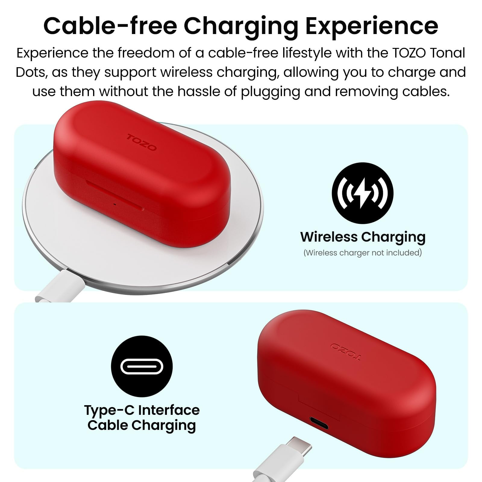 TOZO T12 Earbuds Bluetooth Wireless Headphones, 55H, ENC Noise Cancelling Mic, Premium Stereo Bass, Wireless Charge, IPX8 Waterproof, App-32EQ, LED Power Display, Red