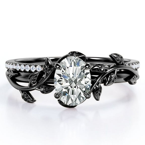JeenMata Prong Setting 1.5 Carat Ovate Moissanite Leaf Design Wedding Ring Set in 18K Black Gold Plating over Silver