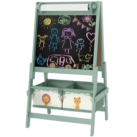 Art Easel for Kids, Double-Sided Whiteboard & Chalkboard with Paper Roll, Storage Baskets for Toddlers Ages 3-8, Green