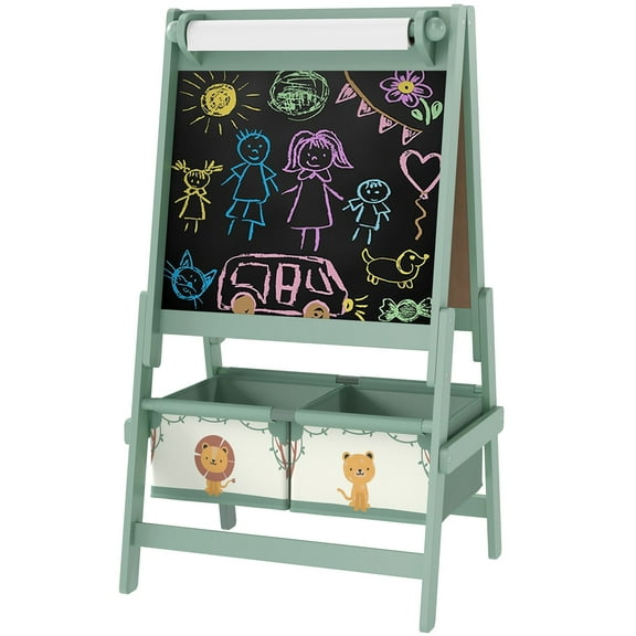 Art Easel for Kids, Double-Sided Whiteboard & Chalkboard with Paper Roll, Storage Baskets for Toddlers Ages 3-8, Green