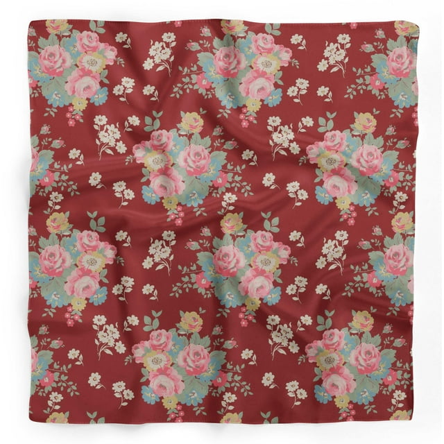 Bimba Foulard en Pure Soie Imprimé Floral Feuilles Rouges, Rose et Anémone Narcisse pour Cheveux Cou Tête Bandanas pour Femmes 40 x 40 Pouces