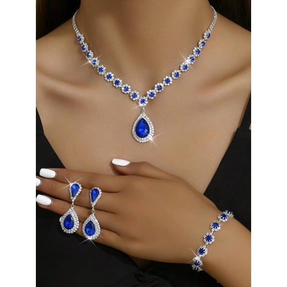Royal Blue Teardrop Crystal Jewelry Set: Necklace, Earrings & Bracelet