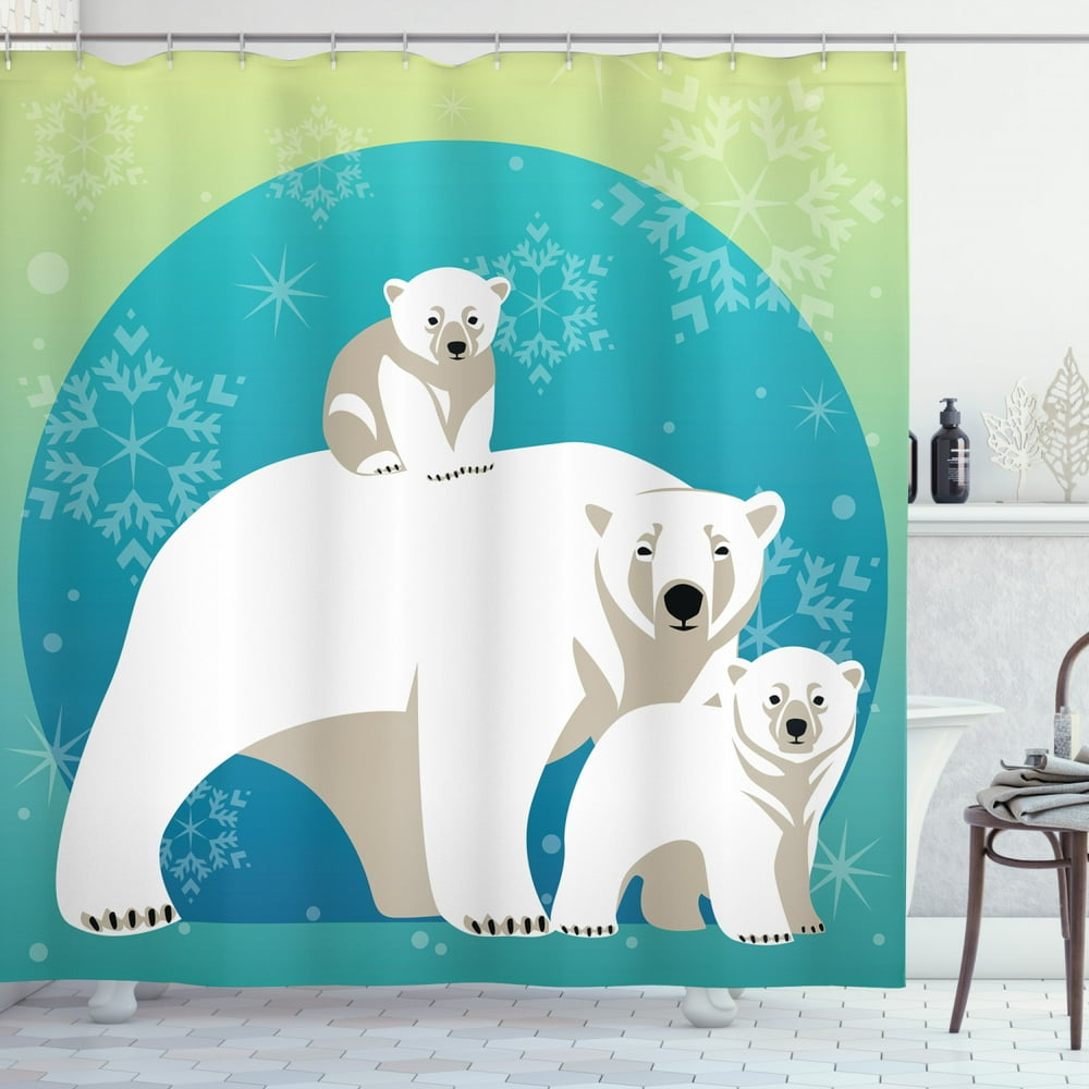 Polar Bear Shower Curtain, Nordic Polar Bear Family Walking on an Ice