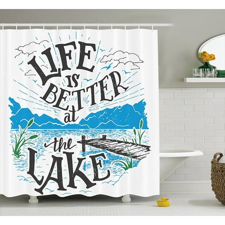 Cabin Decor Shower Curtain By Life Is Better At The Lake Wooden Pier Plants Mountains Outdoors Sketch Fabric Bathroom Set With Hooks 70 Inches Blue Black Green Ambesonne Canada Cabin Decor Shower Curtain By Life Is, Shower Curtains Cabin Decor