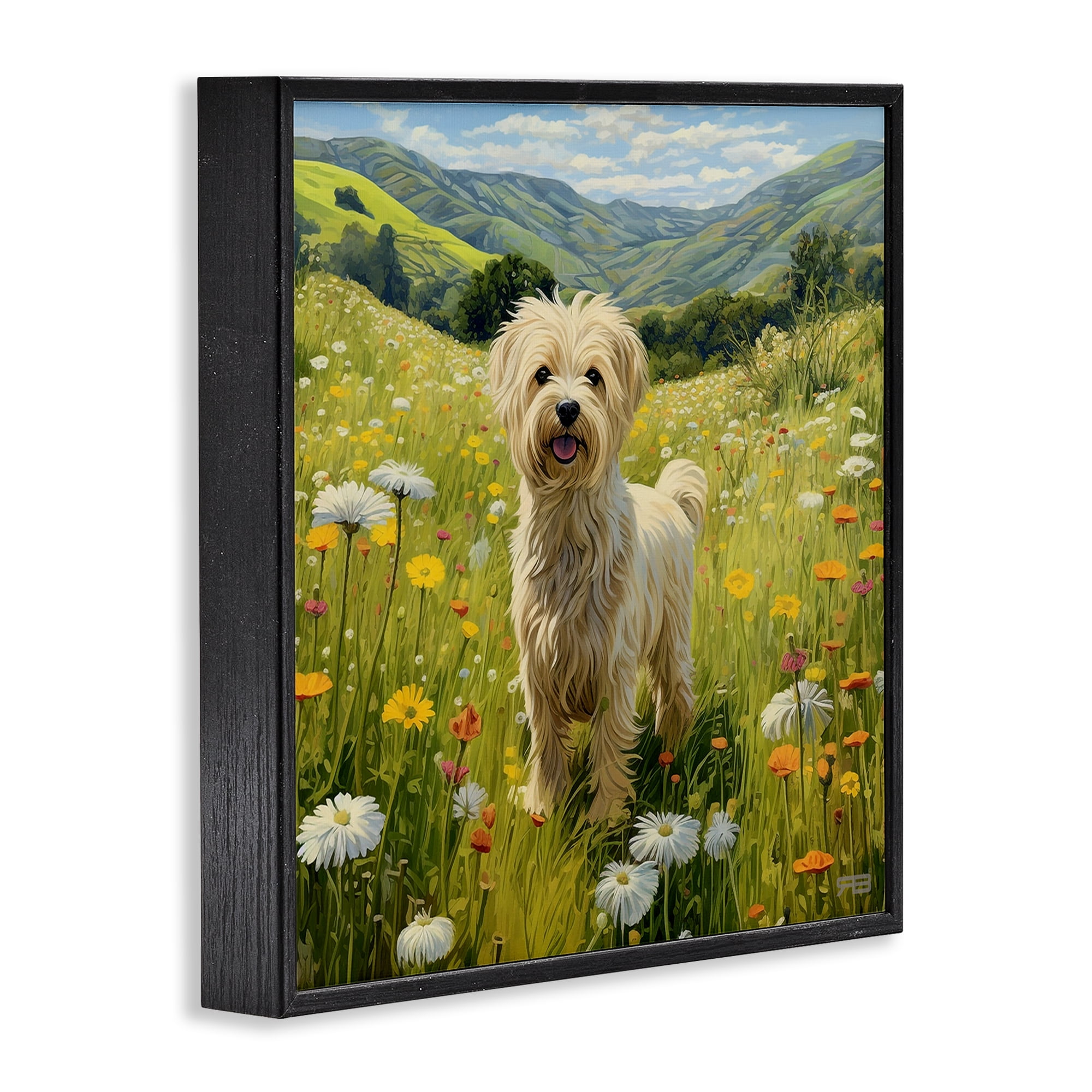 Stupell Industries Terrier Dog Rural Meadow Landscape Painting Black Framed Art Print Wall Art, 12 x 12