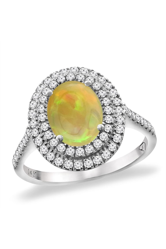 14K White Gold Natural Ethiopian Opal Two Halo Diamond Engagement Ring 9x7 mm Oval, size 9