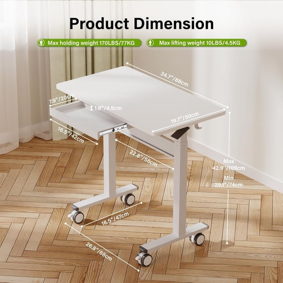 Standing Desk for Walking Pad with Wheels, Pneumatic Cordless Height Adjustable Rolling Desk, Mobile Computer Workstation with Drawer Hook Locking Casters for Treadmill & Home Office, White