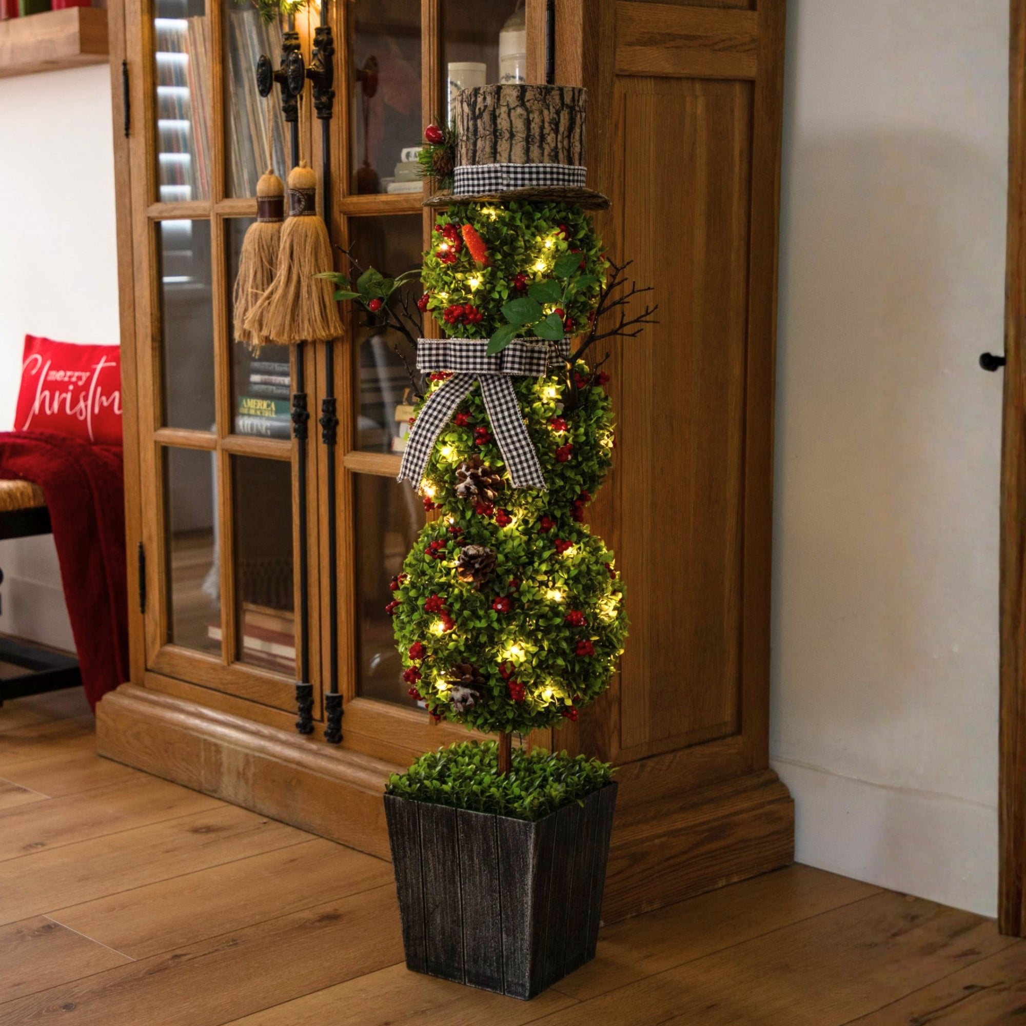 42in. Pre-Lit Artificial Christmas Boxwood Snowman Topiary Tree with 45 LED Lights in Decorative Planter