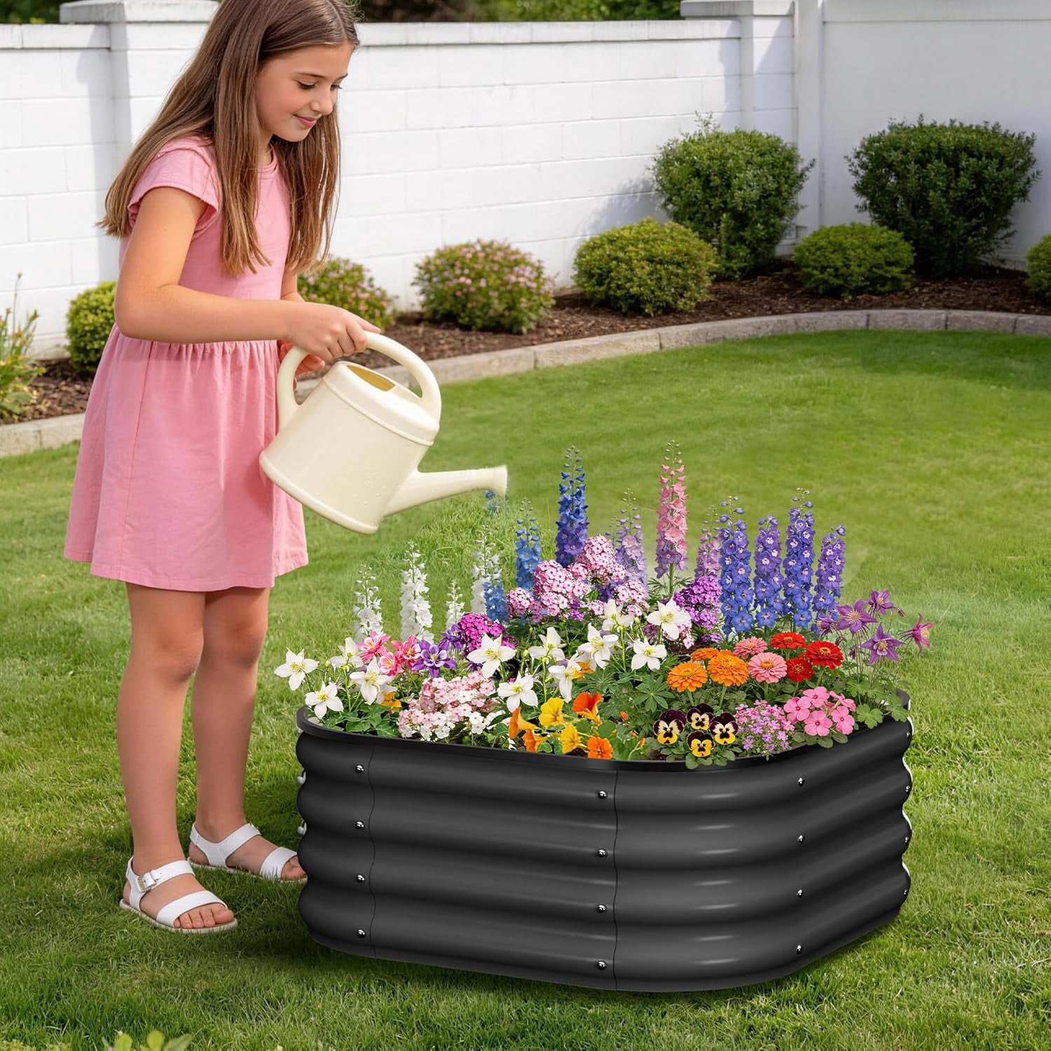 2 Pcs Galvanized Raised Garden Bed, Raised Garden Beds Outdoor, Squircle Planter Raised Beds with Gloves and Rubber Edge Trim for Vegetables, Flowers and Herbs, 2x2x1 FT, Green/Dark Grey