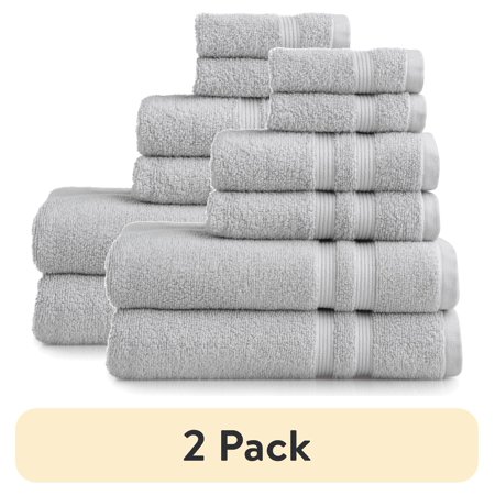 (2 pack) Mainstays Performance Cotton 6-Piece Bath Towel Set, Super Soft Quick Dry Fade Resistant, Solid Silver