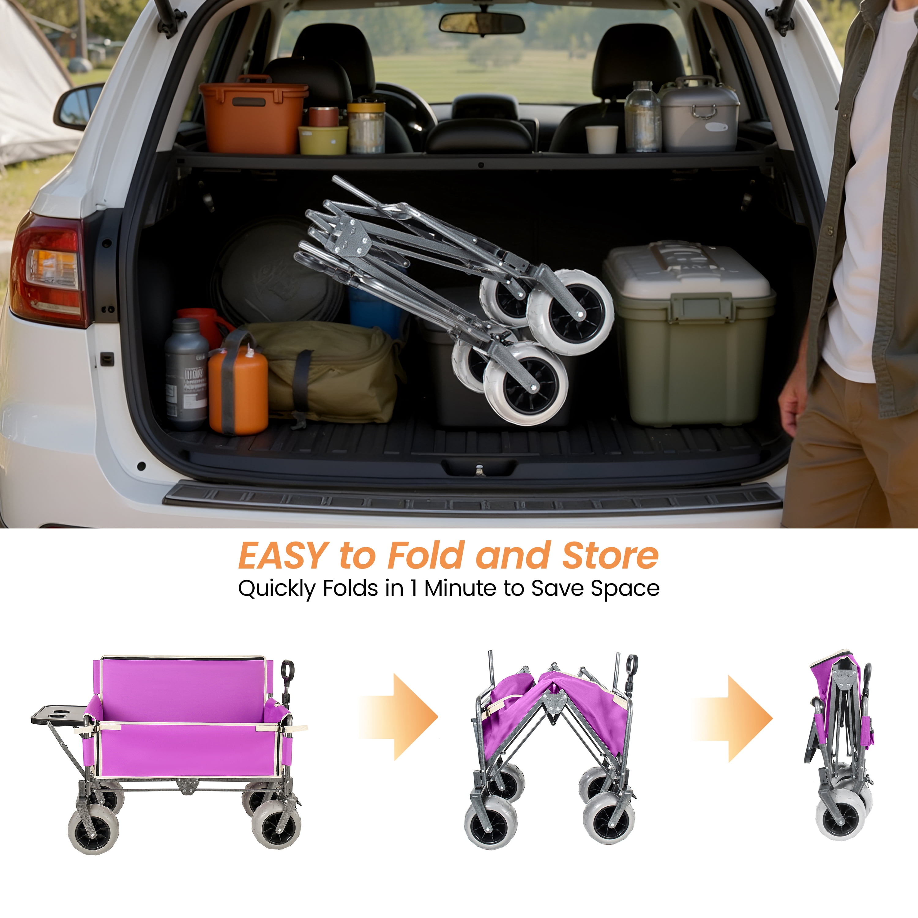 3-in-1 Collapsible Folding Wagon Cart, Convertible Bench with Rear Folding Tabletop & Cup Holders, 500lbs 180L Large Capacity, All-Terrain 360° Swivel Wheels for Camping, Beach, Garden, Fishing