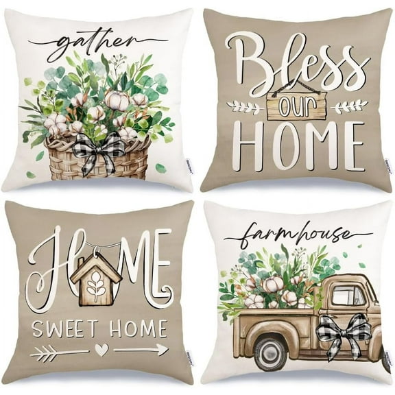 Eucalyptus Home Sweet Home Throw Pillow Covers 18x18 Inch Set of 4, Cotton Truck Bless Our Home Decorative Farmhouse Decoration for Home (Brown) G534-18