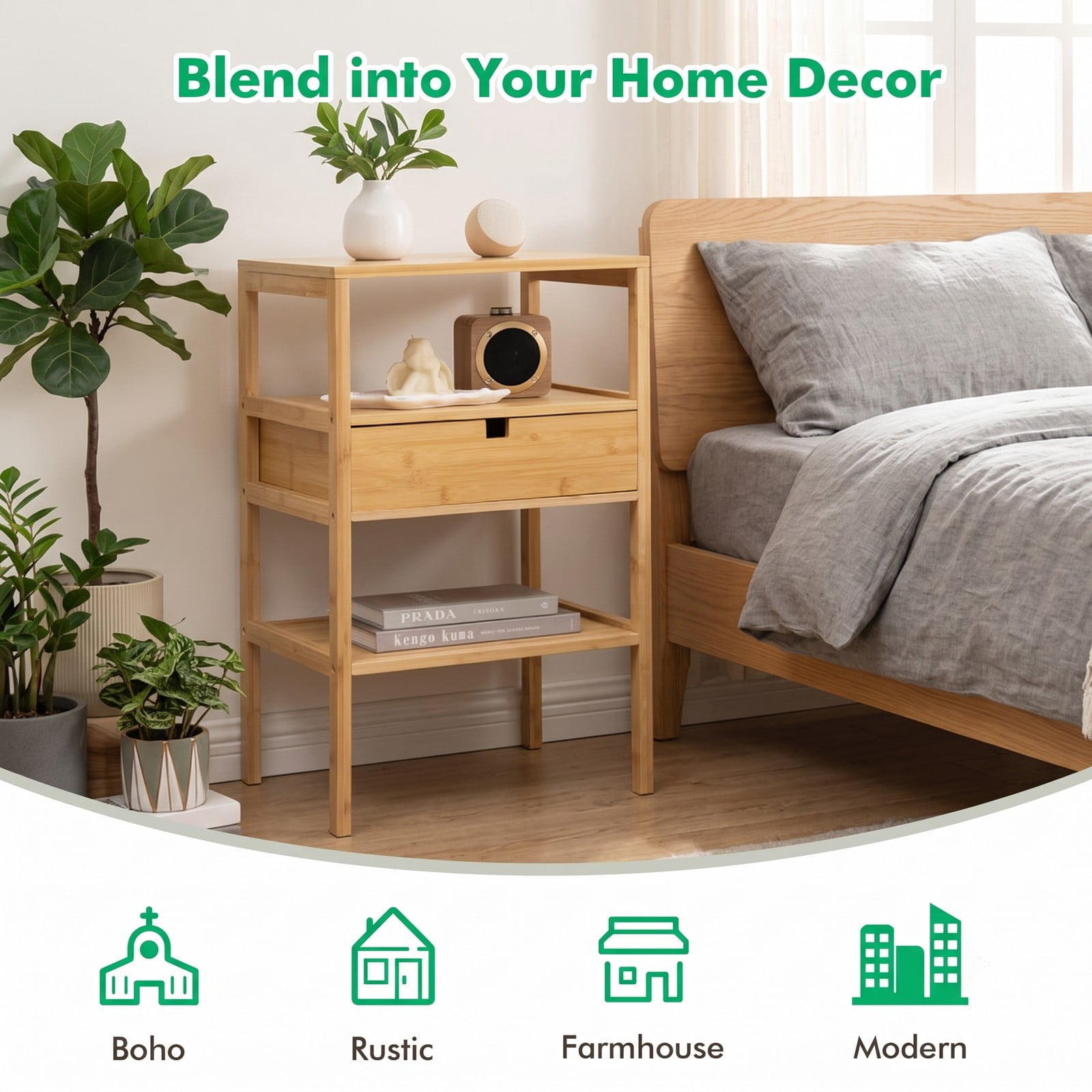 Furnibear Bamboo Nightstand Set of 2 with Storage Drawer and Slatted Open Shelf for Bedroom and Living Room, Wood Bedside Table, Natural