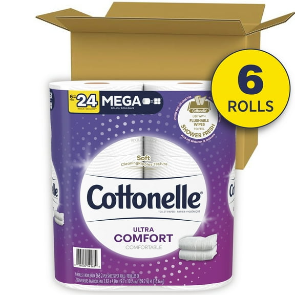 Cottonelle Ultra ComfortCare Soft Toilet Paper, 6 Mega Rolls, 268 Sheets per Roll (1,608 Total)
