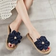 thumbnail image 4 of Fesfesfes Platform Slides Women's Summer Woven Flip-flops Navy Blue Flower Pearl Flat Beach Sandals 5.5(36), 4 of 8