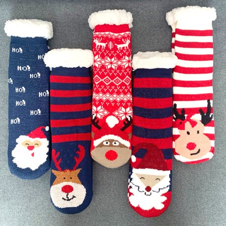 

1 Pair Floor Socks Christmas Santa/Reindeer/Rabbit Thickened Sherpa Lining Mid-calf Stretchy Cold Resistant Non