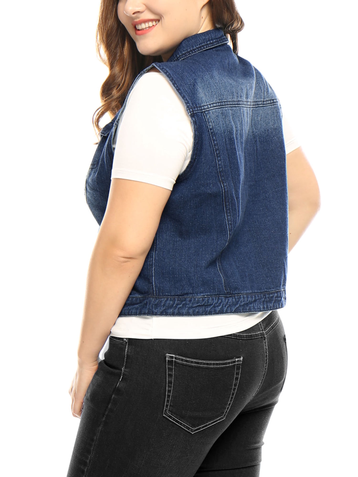 Unique Bargains Women's Plus Size Chest Pockets Single Breasted Denim Sleeveless Jacket