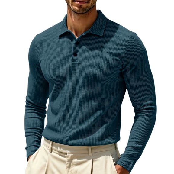 Mens Polo Shirts Solid Color Button Up Long Sleeve Slim Fit Shirt