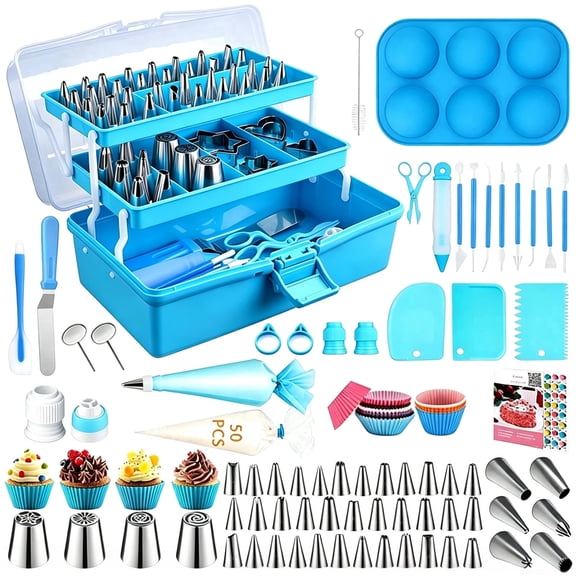 Cake Decorating Tools Supplies Kit, 236pcs Cupcake Decorating Supplies Baking Supplies Tools with Storage Box, Piping Bags and Icing Tips Set, Cake Pans, Cake Scrapers