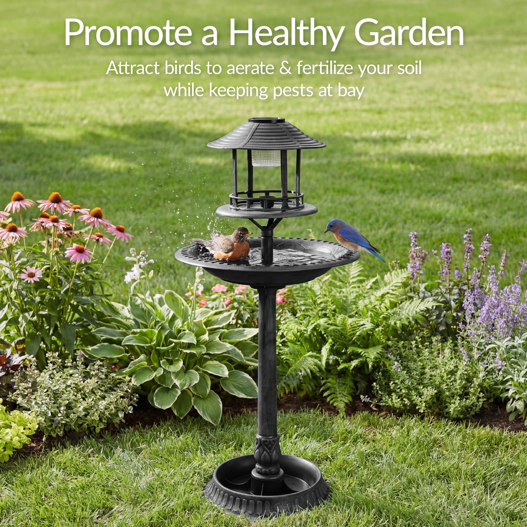 Best Choice Products Solar Outdoor Bird Bath Pedestal Fountain Garden Decoration w/ Fillable Planter Base - Black