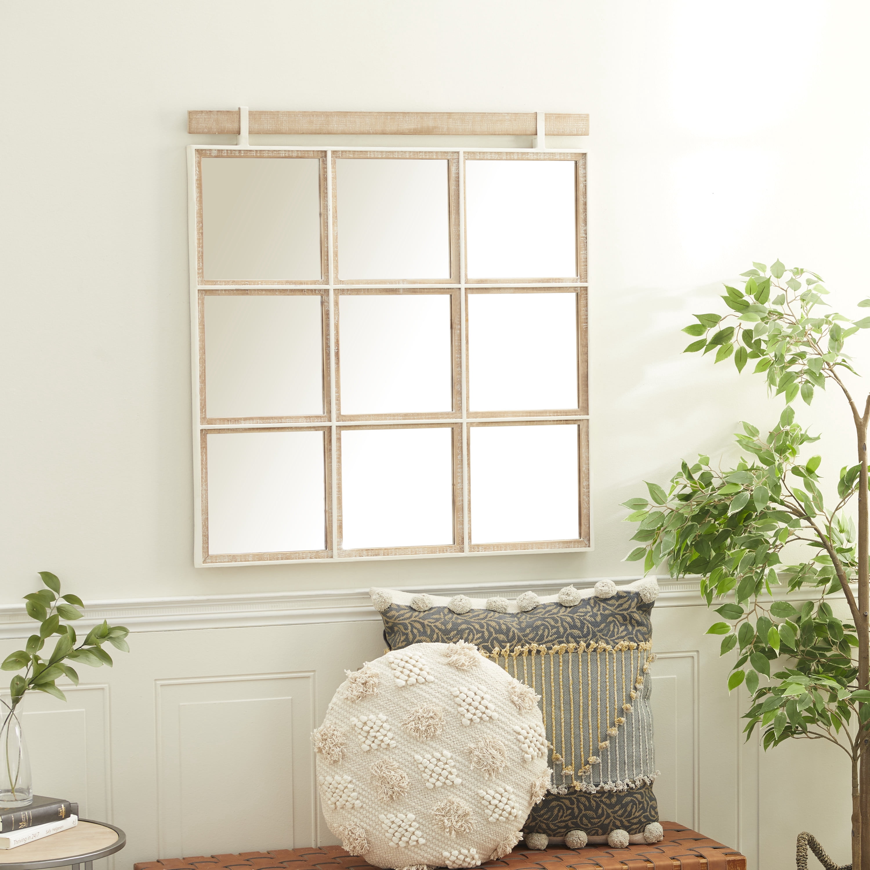 DecMode 32" x 35" Brown Grid Window Inspired Wall Mirror