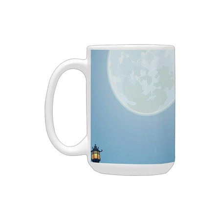 

Lantern Decor Collection Celebration under Moonlight with Chinese Lanterns Fall Asian Style Graphic Ceramic Mug (15 OZ) (Made In USA)